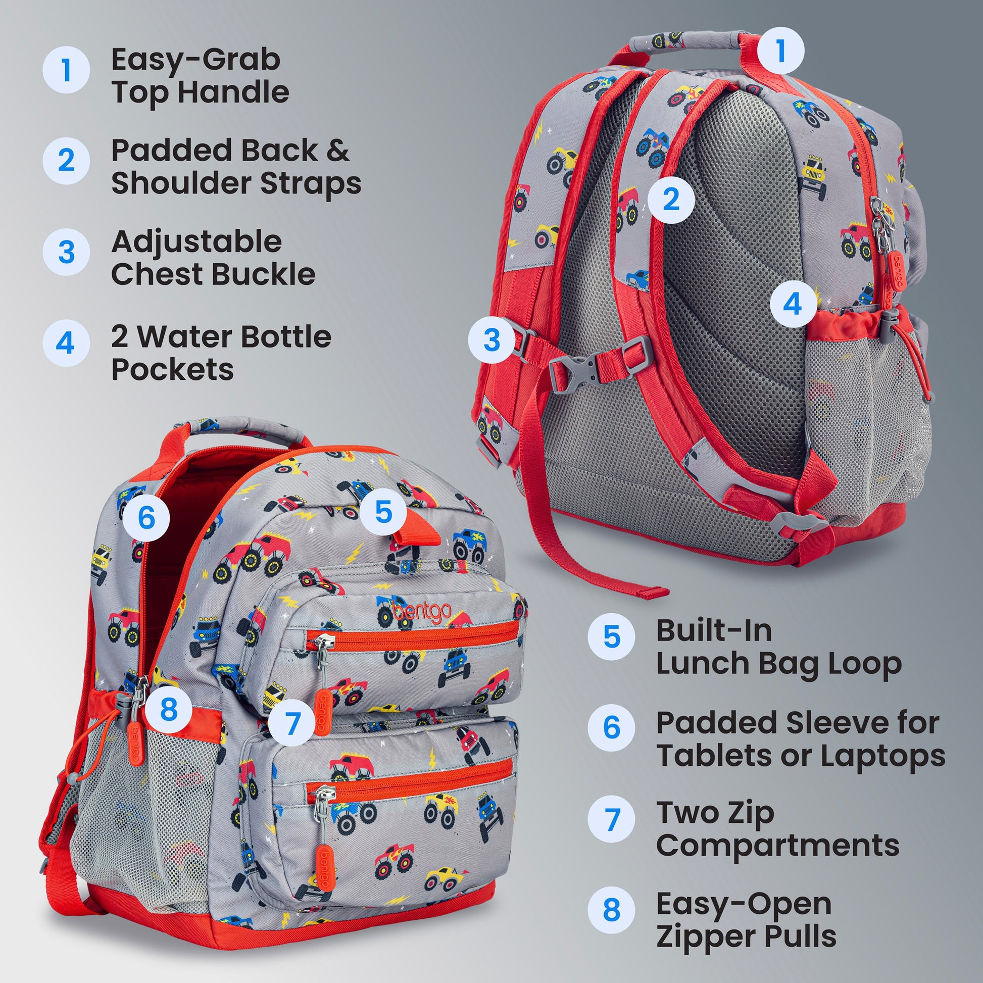 Bentgo Kids Prints Backpack - Trucks | Easy-Grab Top Handle, Padded Back & Shoulder Straps, Adjustable Chest Buckle, 2 Water Bottle Pockets, Built-In Lunch Bag Loop, Padded Sleeve For Tablets Or Laptops, Two Zip Compartments, And Easy-Open Zipper Pulls
