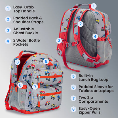 Bentgo Kids Prints Backpack - Trucks | Easy-Grab Top Handle, Padded Back & Shoulder Straps, Adjustable Chest Buckle, 2 Water Bottle Pockets, Built-In Lunch Bag Loop, Padded Sleeve For Tablets Or Laptops, Two Zip Compartments, And Easy-Open Zipper Pulls