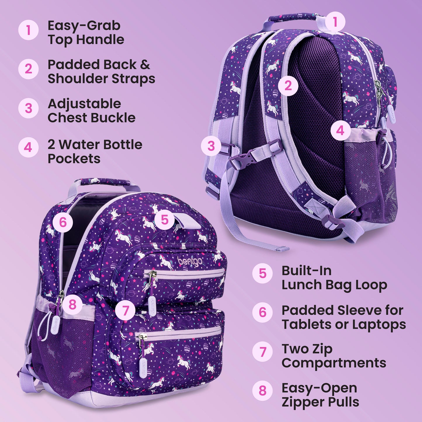 Bentgo Kids Prints Backpack - Unicorn | Easy-Grab Top Handle, Padded Back & Shoulder Straps, Adjustable Chest Buckle, 2 Water Bottle Pockets, Built-In Lunch Bag Loop, Padded Sleeve For Tablets Or Laptops, Two Zip Compartments, And Easy-Open Zipper Pulls