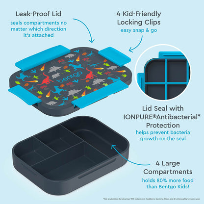 Bentgo® Kids Snap & Go Lunch Box, Insulated Lunch Tote, & Ice Packs - Dinosaur | Snap & Go Lunch Box Includes Leak-Proof Lid, 4 Kid-Friendly Locking Clips, Lid Seal with IONPURE Antibacterial Protection, And 4 Large Compartments