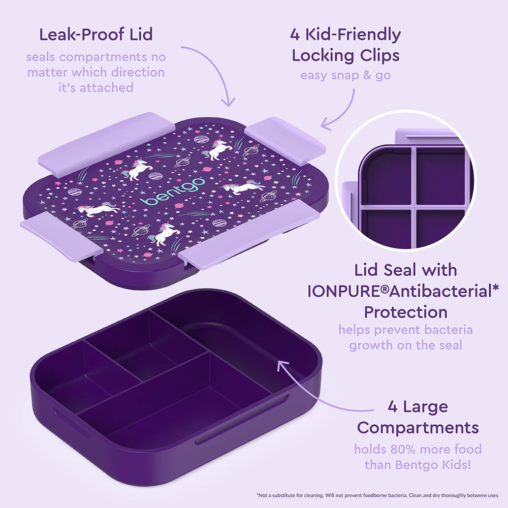 Bentgo® Kids Snap & Go Lunch Box, Insulated Lunch Tote, & Ice Packs - Unicorn | Snap & Go Lunch Box Includes Leak-Proof Lid, 4 Kid-Friendly Locking Clips, Lid Seal with IONPURE Antibacterial Protection, And 4 Large Compartments