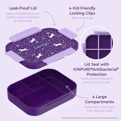 Bentgo® Kids Snap & Go Lunch Box, Insulated Lunch Tote, & Ice Packs - Unicorn | Snap & Go Lunch Box Includes Leak-Proof Lid, 4 Kid-Friendly Locking Clips, Lid Seal with IONPURE Antibacterial Protection, And 4 Large Compartments