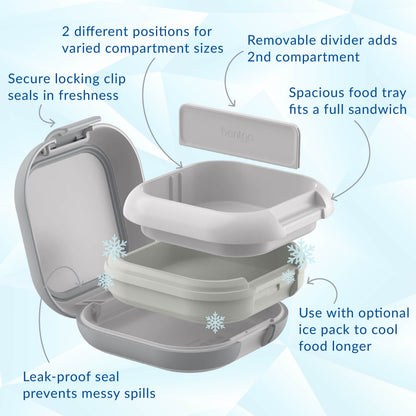 Bentgo® Chill Mini Lunch Box (2-Pack) - Crisp Grays | Secure Locking Clips Seals In Freshness, Spacious Food Tray Fits A Full Sandwich, Use With Optional Ice Pack To Cool Food Longer, Leak-proof Seal Prevents Messy Spills, Removable Divider To Add 2nd Compartment, And 2 Different Positions For Varied Compartment Sizes