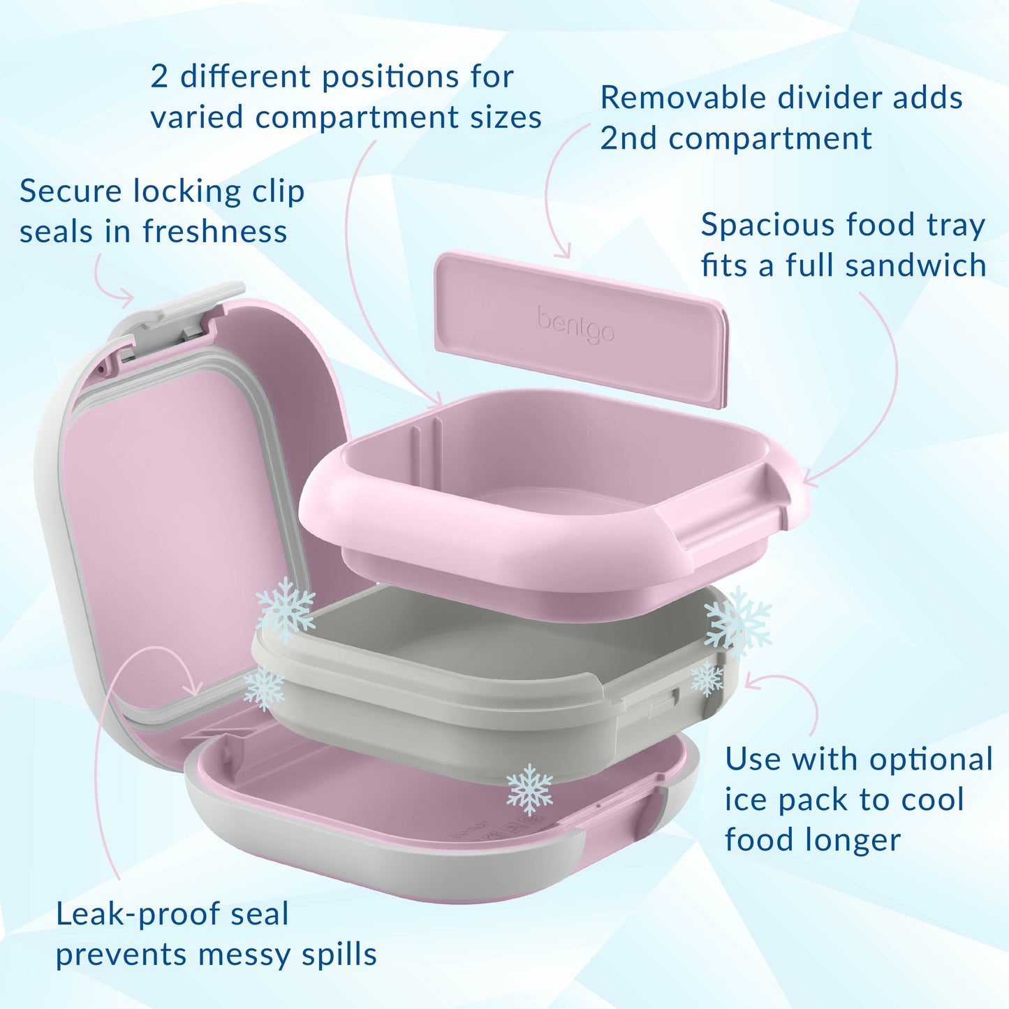 Bentgo® Chill Mini Lunch Box (2-Pack) - Lilac Mist | Secure Locking Clips Seals In Freshness, Spacious Food Tray Fits A Full Sandwich, Use With Optional Ice Pack To Cool Food Longer, Leak-proof Seal Prevents Messy Spills, Removable Divider To Add 2nd Compartment, And 2 Different Positions For Varied Compartment Sizes