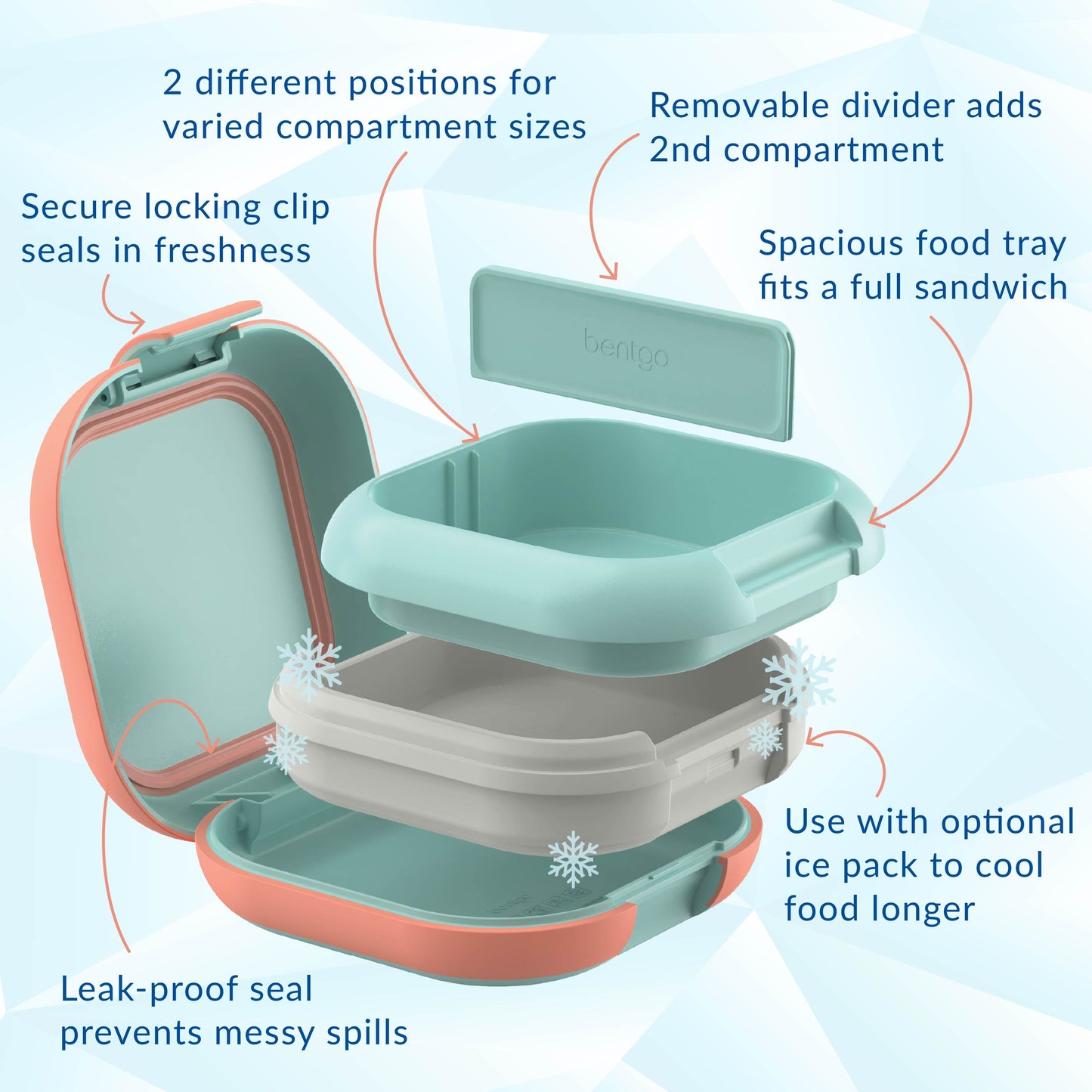 Bentgo® Chill Mini Lunch Box (2-Pack) - Seaside Papaya | Secure Locking Clips Seals In Freshness, Spacious Food Tray Fits A Full Sandwich, Use With Optional Ice Pack To Cool Food Longer, Leak-proof Seal Prevents Messy Spills, Removable Divider To Add 2nd Compartment, And 2 Different Positions For Varied Compartment Sizes