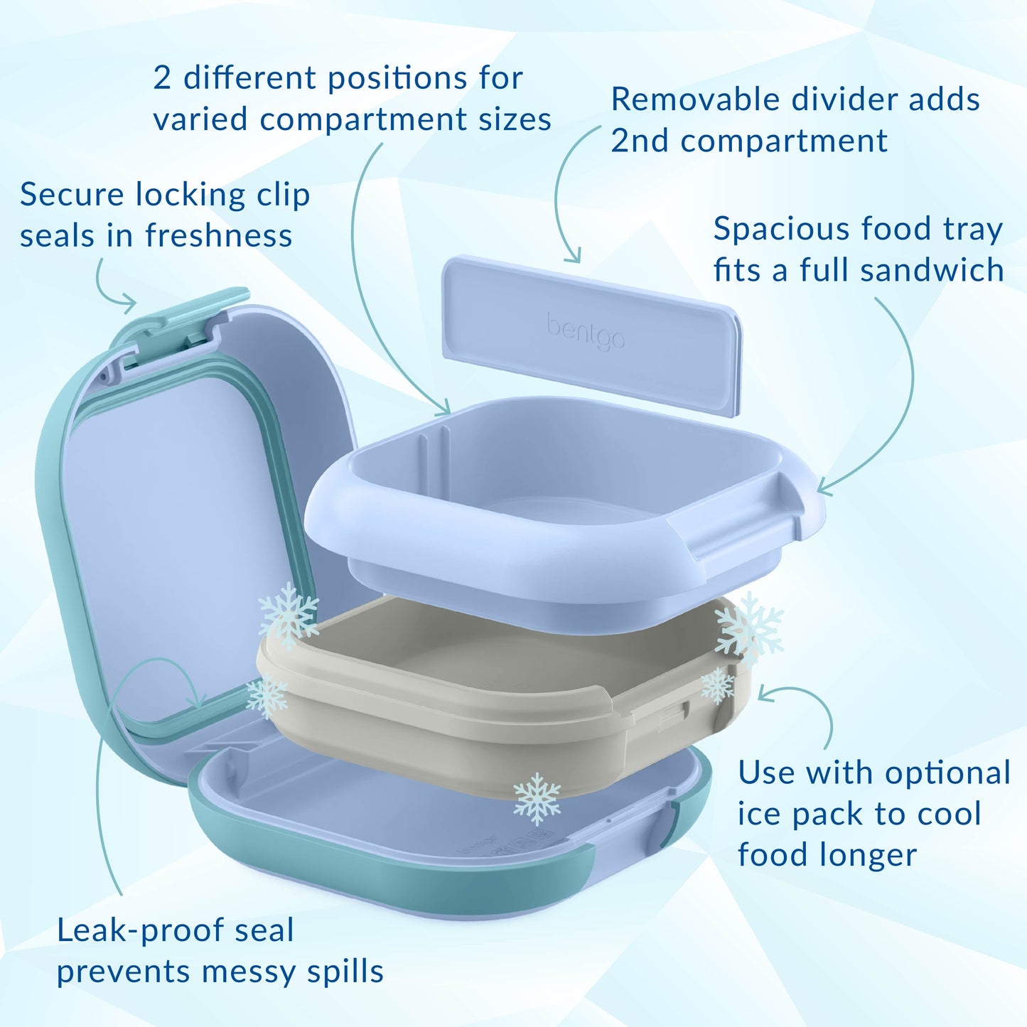 Bentgo® Chill Mini Lunch Box (2-Pack) - Tide Blues | Secure Locking Clips Seals In Freshness, Spacious Food Tray Fits A Full Sandwich, Use With Optional Ice Pack To Cool Food Longer, Leak-proof Seal Prevents Messy Spills, Removable Divider To Add 2nd Compartment, And 2 Different Positions For Varied Compartment Sizes