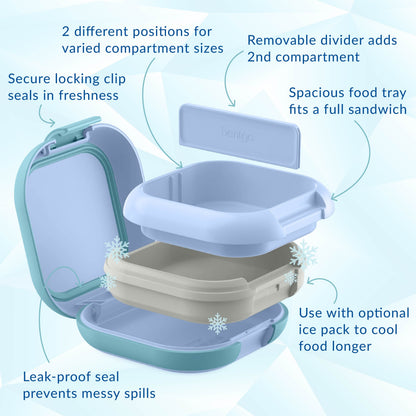 Bentgo® Chill Mini Lunch Box (2-Pack) - Tide Blues | Secure Locking Clips Seals In Freshness, Spacious Food Tray Fits A Full Sandwich, Use With Optional Ice Pack To Cool Food Longer, Leak-proof Seal Prevents Messy Spills, Removable Divider To Add 2nd Compartment, And 2 Different Positions For Varied Compartment Sizes