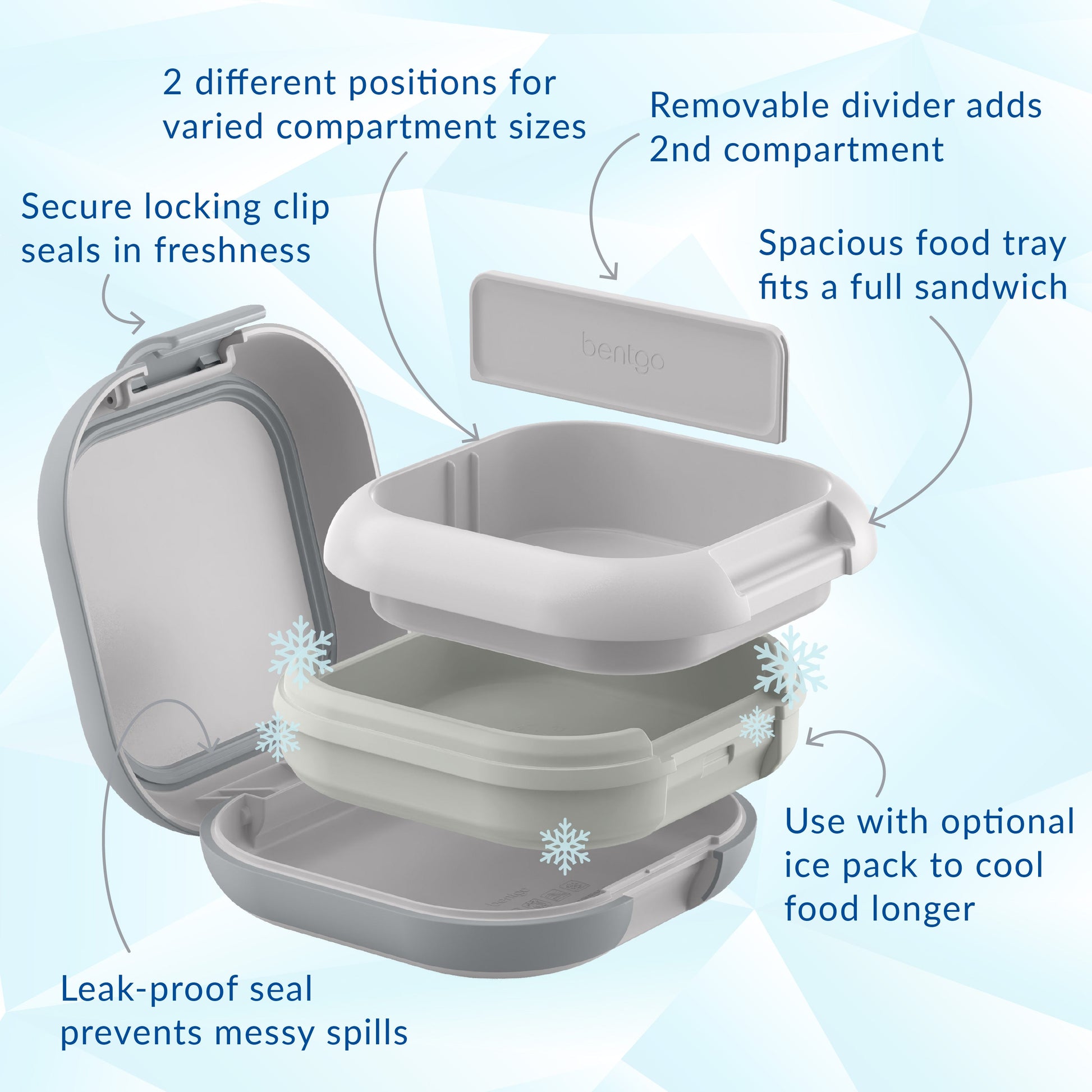 Bentgo® Chill Mini Lunch Box - Crisp Grays | Secure Locking Clips Seals In Freshness, Spacious Food Tray Fits A Full Sandwich, Use With Optional Ice Pack To Cool Food Longer, Leak-proof Seal Prevents Messy Spills, Removable Divider To Add 2nd Compartment, And 2 Different Positions For Varied Compartment Sizes
