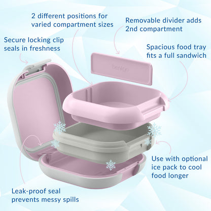 Bentgo® Chill Mini Lunch Box - Lilac Mist | Secure Locking Clips Seals In Freshness, Spacious Food Tray Fits A Full Sandwich, Use With Optional Ice Pack To Cool Food Longer, Leak-proof Seal Prevents Messy Spills, Removable Divider To Add 2nd Compartment, And 2 Different Positions For Varied Compartment Sizes
