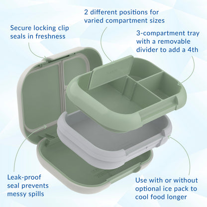 Bentgo® Chill Max Lunch Box - Clay Green and Gray | Secure Locking Clip, 2 Different Positions For Varied Compartment Sizes, 3-Compartment Tray With A Removable Divider To Add A 4th, Leak-Proof Seal Prevents Messy Spills, And Use With Or Without Optional Ice Pack To Cool Food Longer