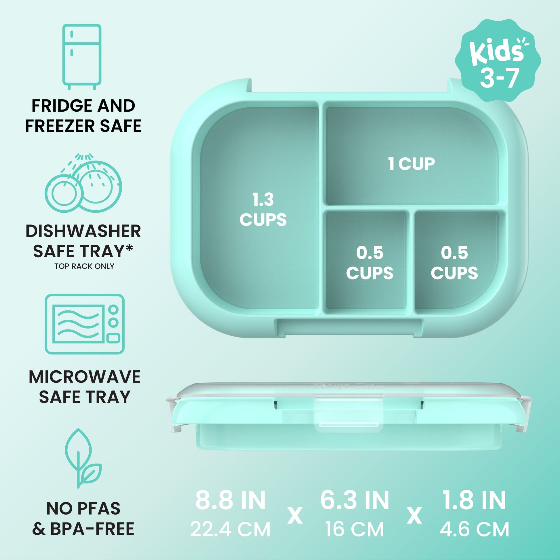 Bentgo® Chill Kids Tray with Transparent Cover - Aqua - Fridge And Freezer, Dishwasher Safe Tray, Microwave Safe Tray, And No PFAs & BPA-Free - Product Dimensions