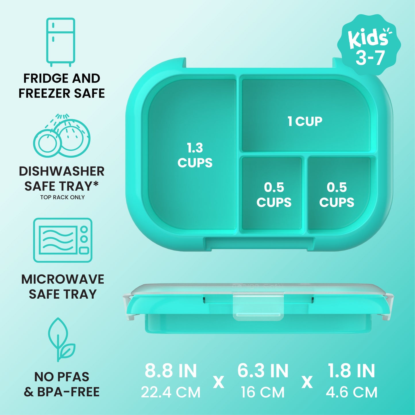 Bentgo® Chill Kids Tray with Transparent Cover - Electric Aqua - Fridge And Freezer, Dishwasher Safe Tray, Microwave Safe Tray, And No PFAs & BPA-Free - Product Dimensions