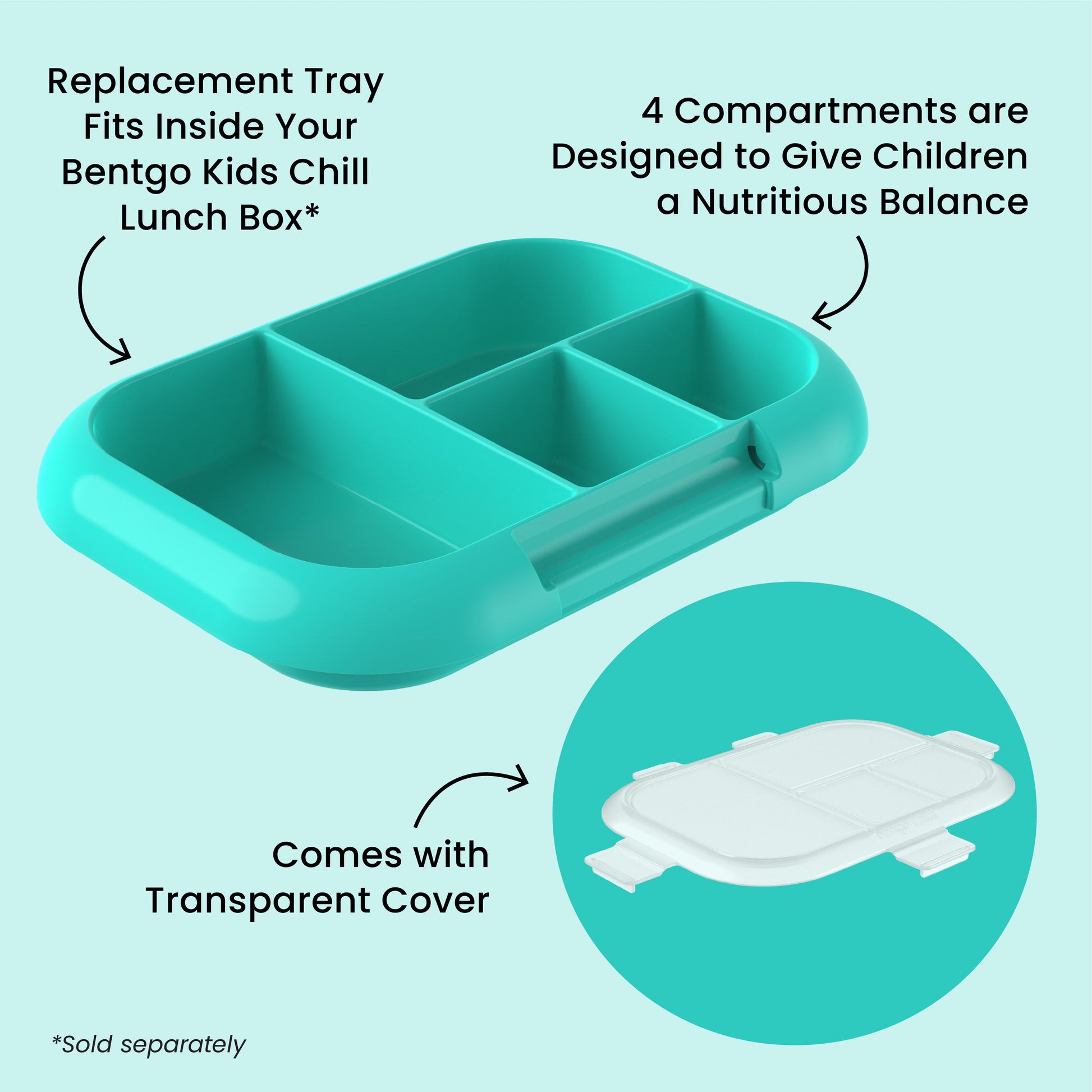 Bentgo® Chill Kids Tray with Transparent Cover - Electric Aqua - Replacement Tray Fits Inside Your Bentgo Kids Chill Lunch Box, 4 Compartments Are Designed To Give Children A Nutritious Balance, And Comes With Transparent Cover
