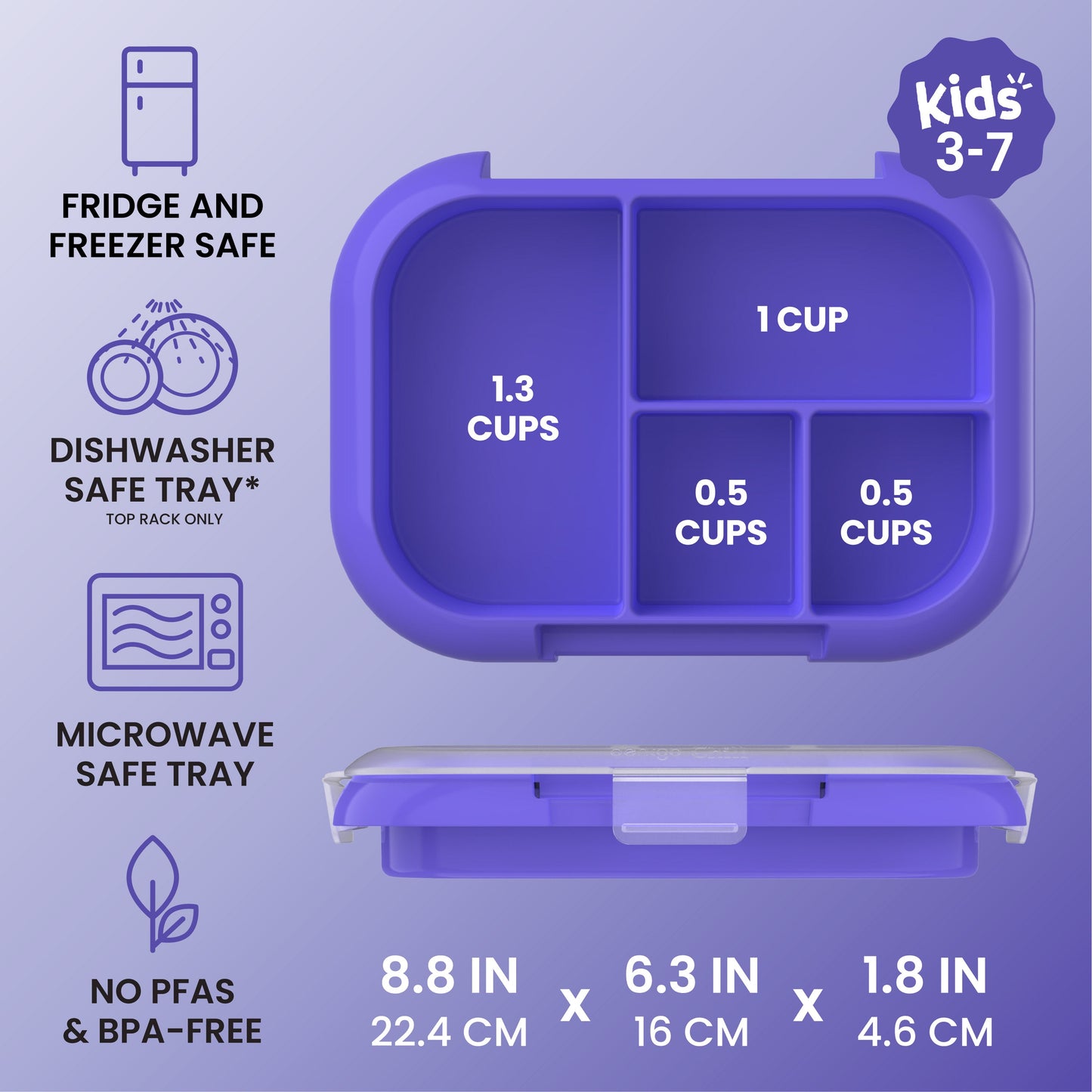Bentgo® Chill Kids Tray with Transparent Cover - Electric Violet - Fridge And Freezer, Dishwasher Safe Tray, Microwave Safe Tray, And No PFAs & BPA-Free - Product Dimensions