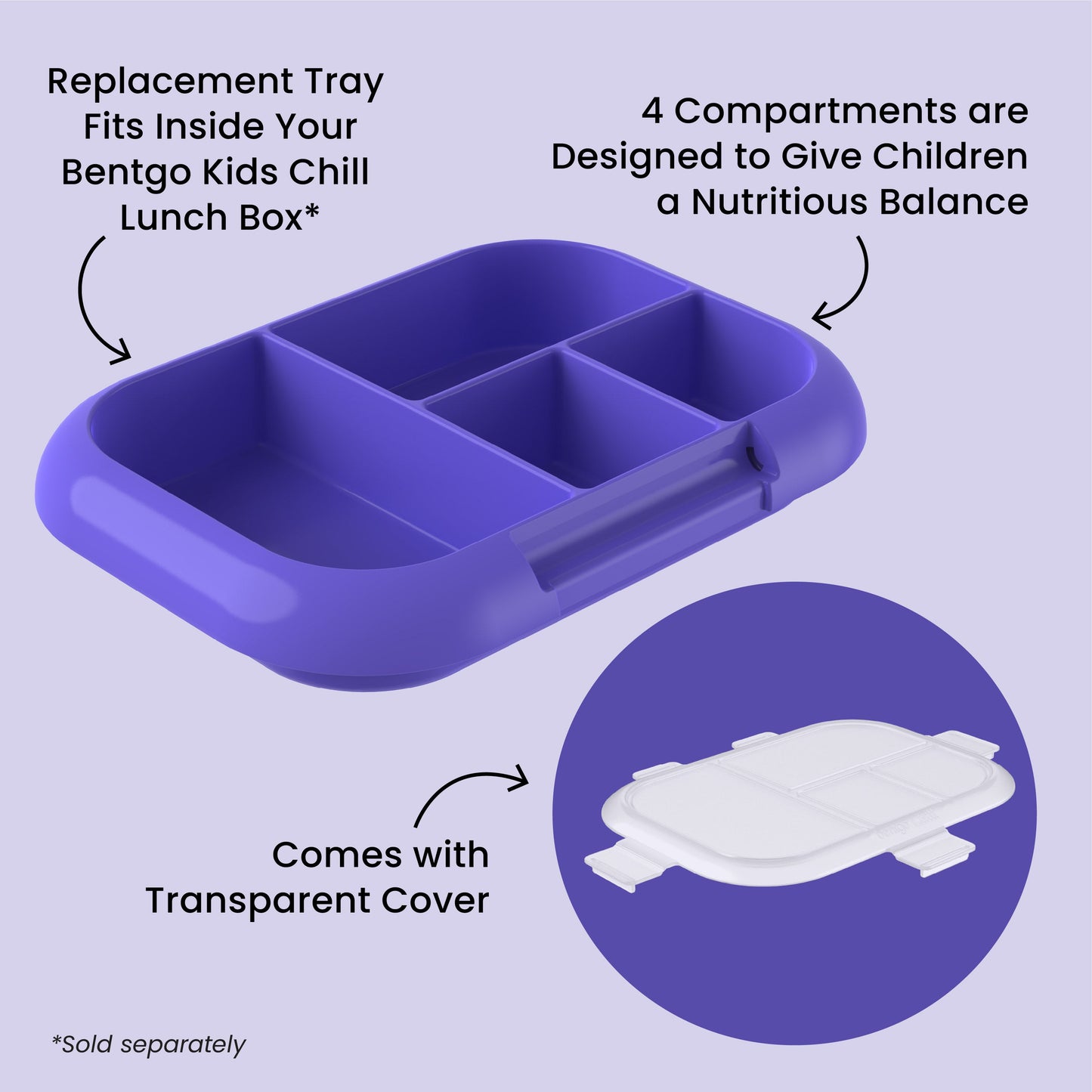 Bentgo® Chill Kids Tray with Transparent Cover - Electric Violet - Replacement Tray Fits Inside Your Bentgo Kids Chill Lunch Box, 4 Compartments Are Designed To Give Children A Nutritious Balance, And Comes With Transparent Cover