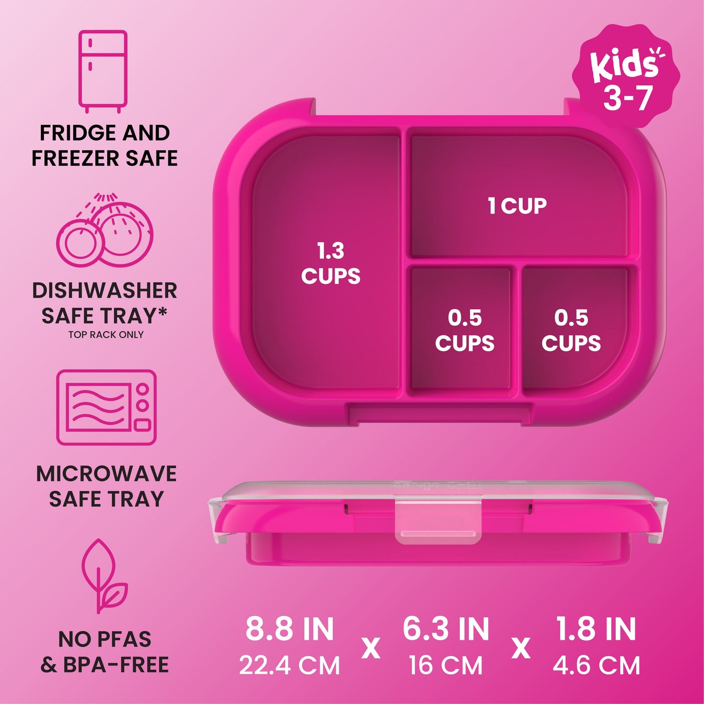 Bentgo® Chill Kids Tray with Transparent Cover - Fuchsia/Teal - Fridge And Freezer, Dishwasher Safe Tray, Microwave Safe Tray, And No PFAs & BPA-Free - Product Dimensions
