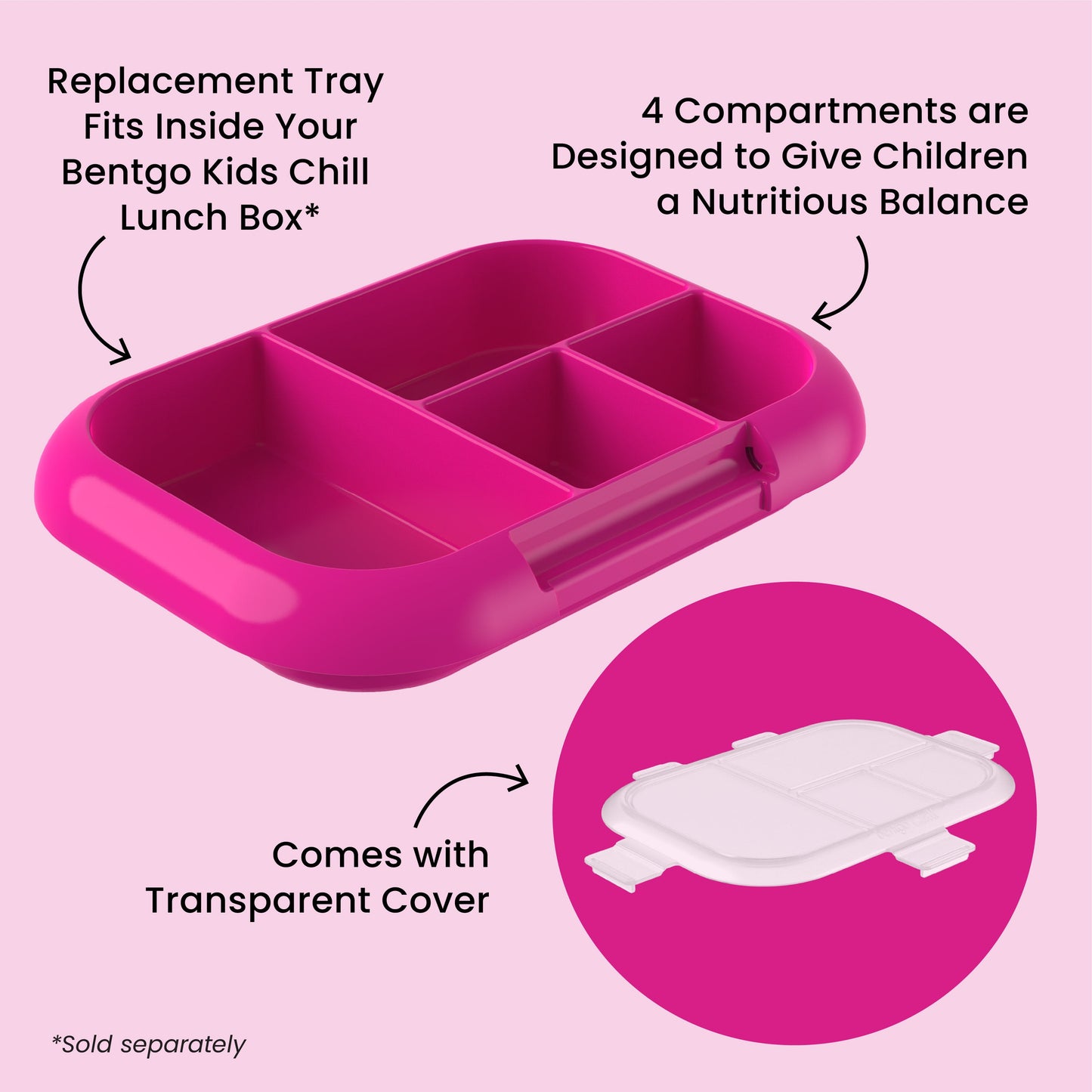 Bentgo® Chill Kids Tray with Transparent Cover - Fuchsia/Teal - Replacement Tray Fits Inside Your Bentgo Kids Chill Lunch Box, 4 Compartments Are Designed To Give Children A Nutritious Balance, And Comes With Transparent Cover