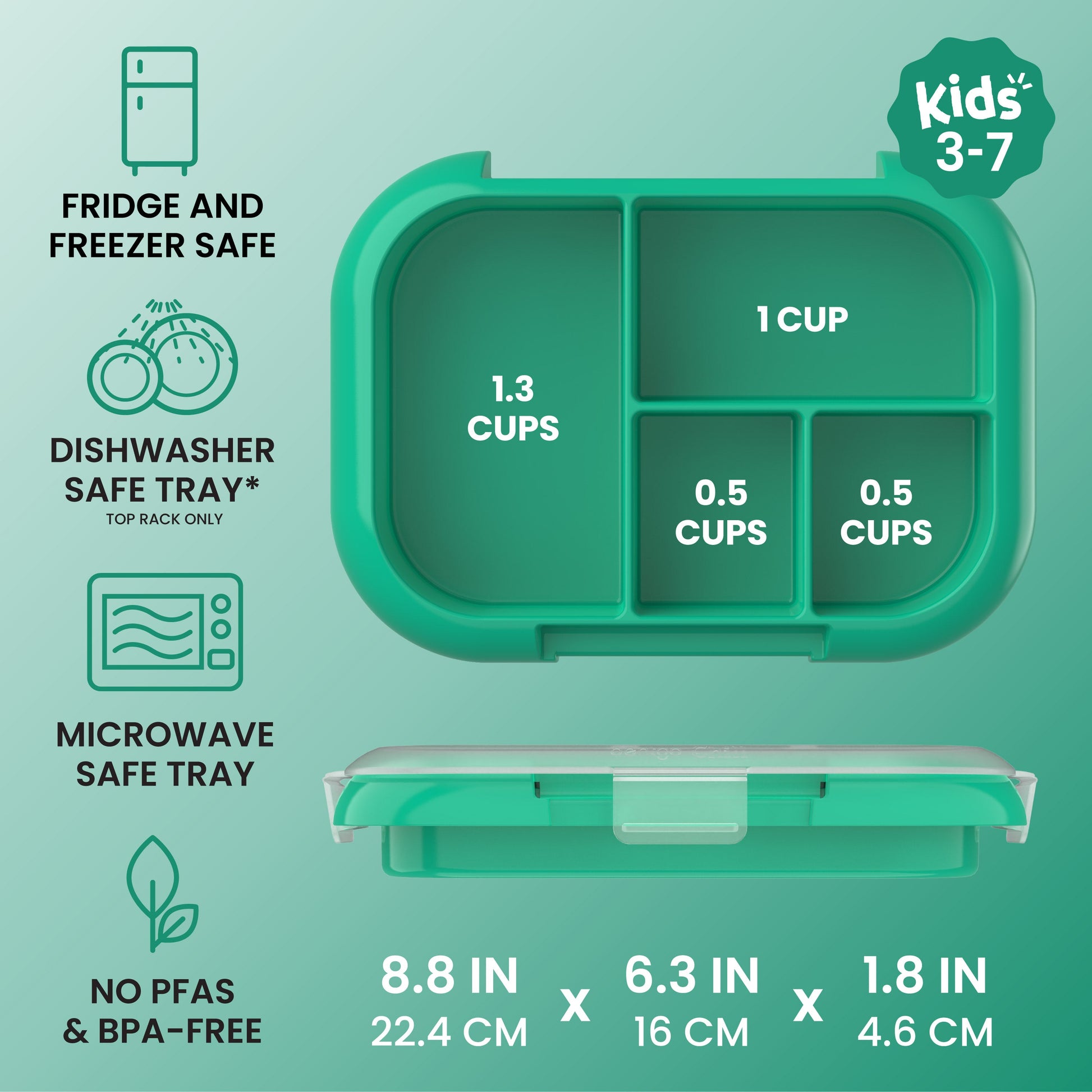 Bentgo® Chill Kids Tray with Transparent Cover - Green/Navy - Fridge And Freezer, Dishwasher Safe Tray, Microwave Safe Tray, And No PFAs & BPA-Free - Product Dimensions