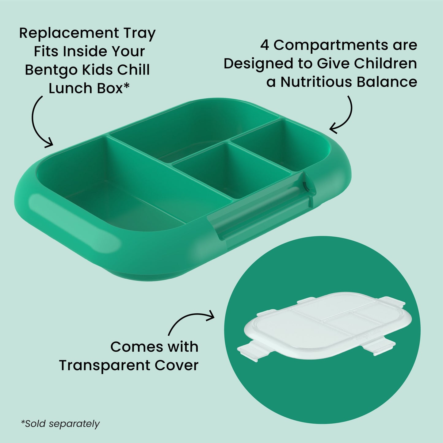 Bentgo® Chill Kids Tray with Transparent Cover - Green/Navy - Replacement Tray Fits Inside Your Bentgo Kids Chill Lunch Box, 4 Compartments Are Designed To Give Children A Nutritious Balance, And Comes With Transparent Cover