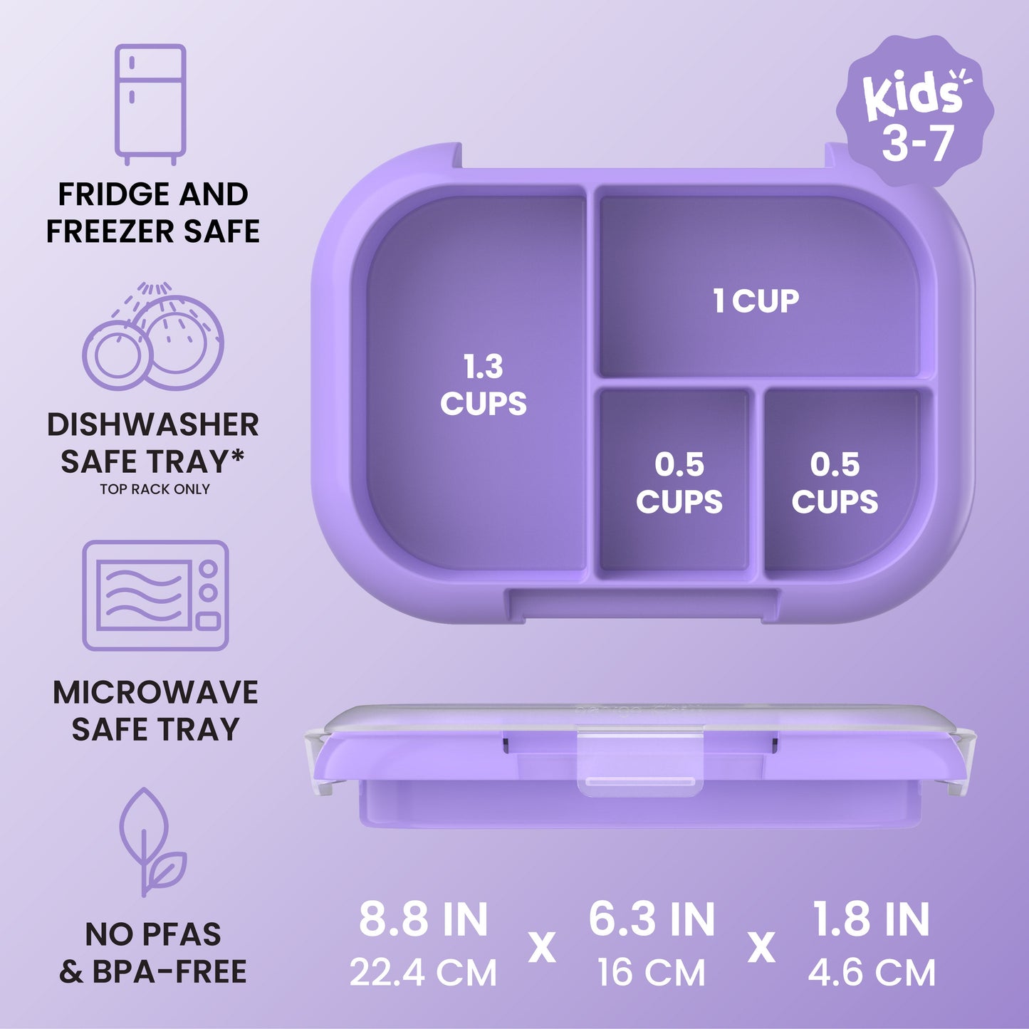 Bentgo® Chill Kids Tray with Transparent Cover - Purple - Fridge And Freezer, Dishwasher Safe Tray, Microwave Safe Tray, And No PFAs & BPA-Free - Product Dimensions