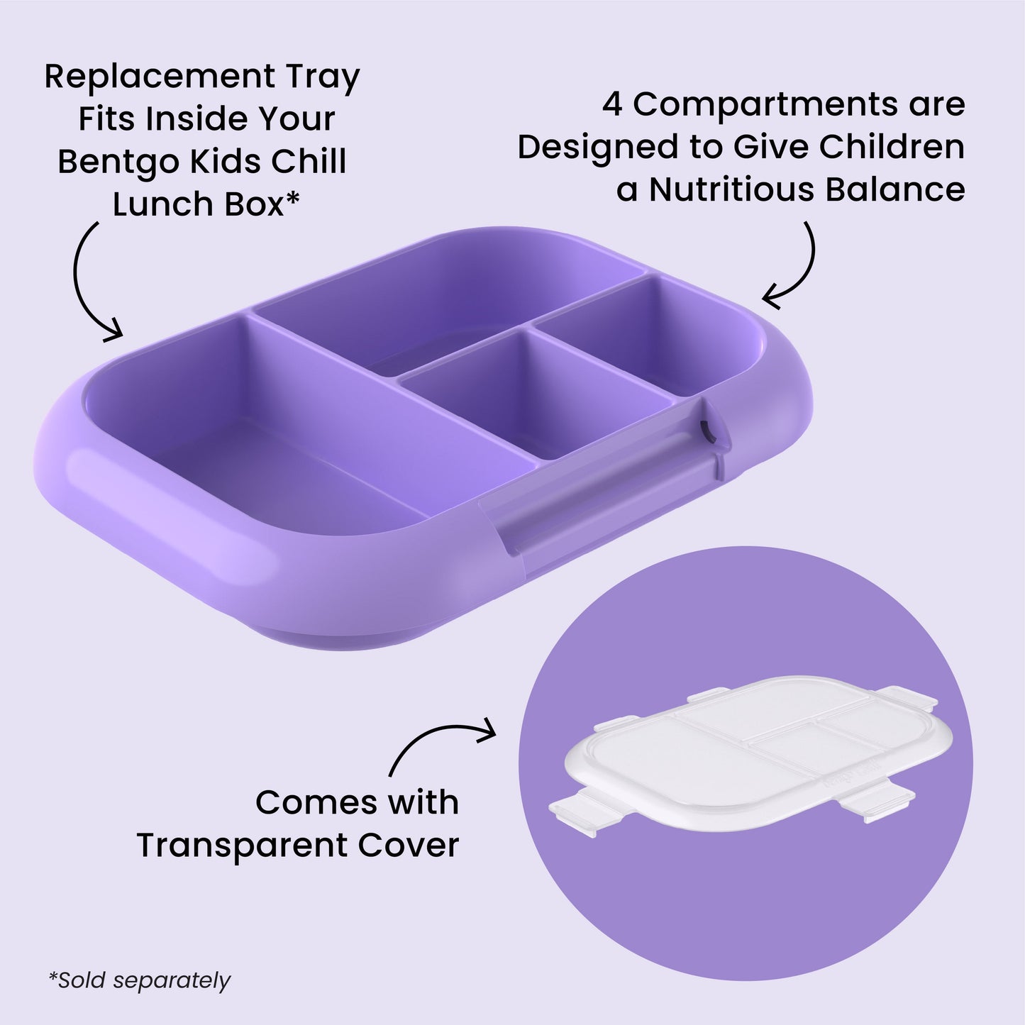 Bentgo® Chill Kids Tray with Transparent Cover - Purple - Replacement Tray Fits Inside Your Bentgo Kids Chill Lunch Box, 4 Compartments Are Designed To Give Children A Nutritious Balance, And Comes With Transparent Cover