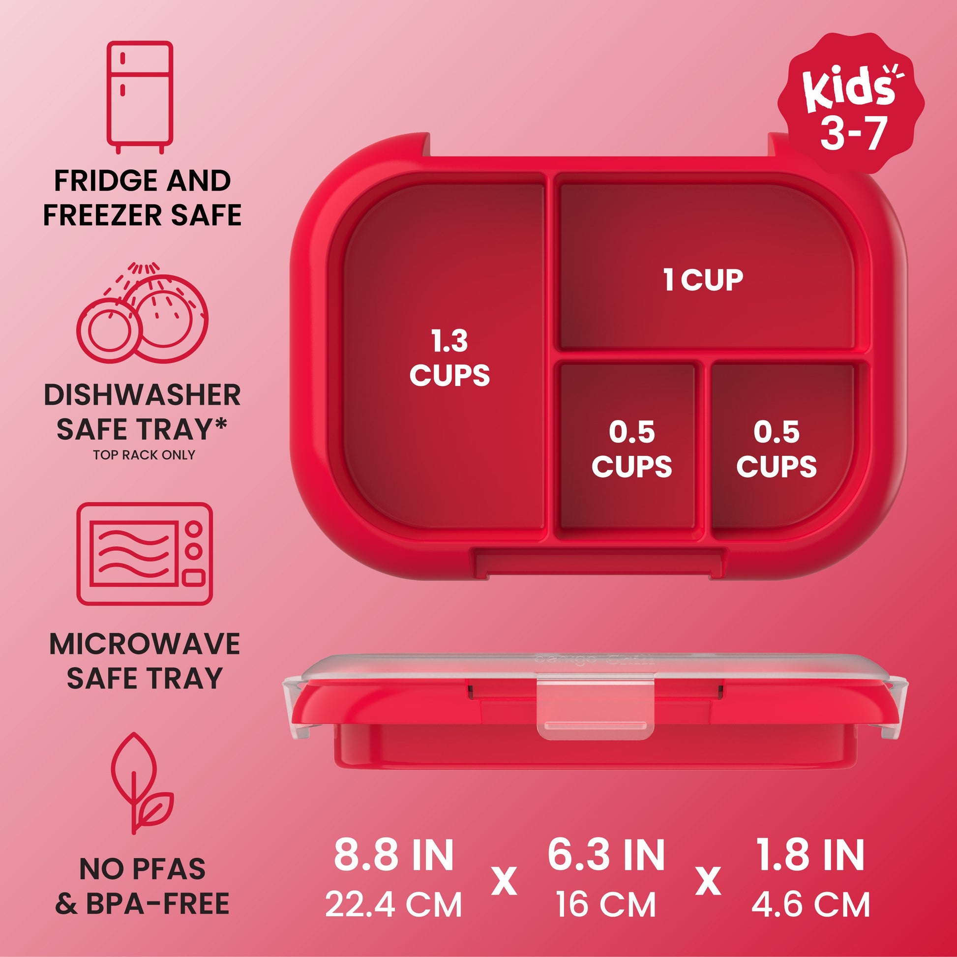 Bentgo® Chill Kids Tray with Transparent Cover - Red/Royal - Fridge And Freezer, Dishwasher Safe Tray, Microwave Safe Tray, And No PFAs & BPA-Free - Product Dimensions