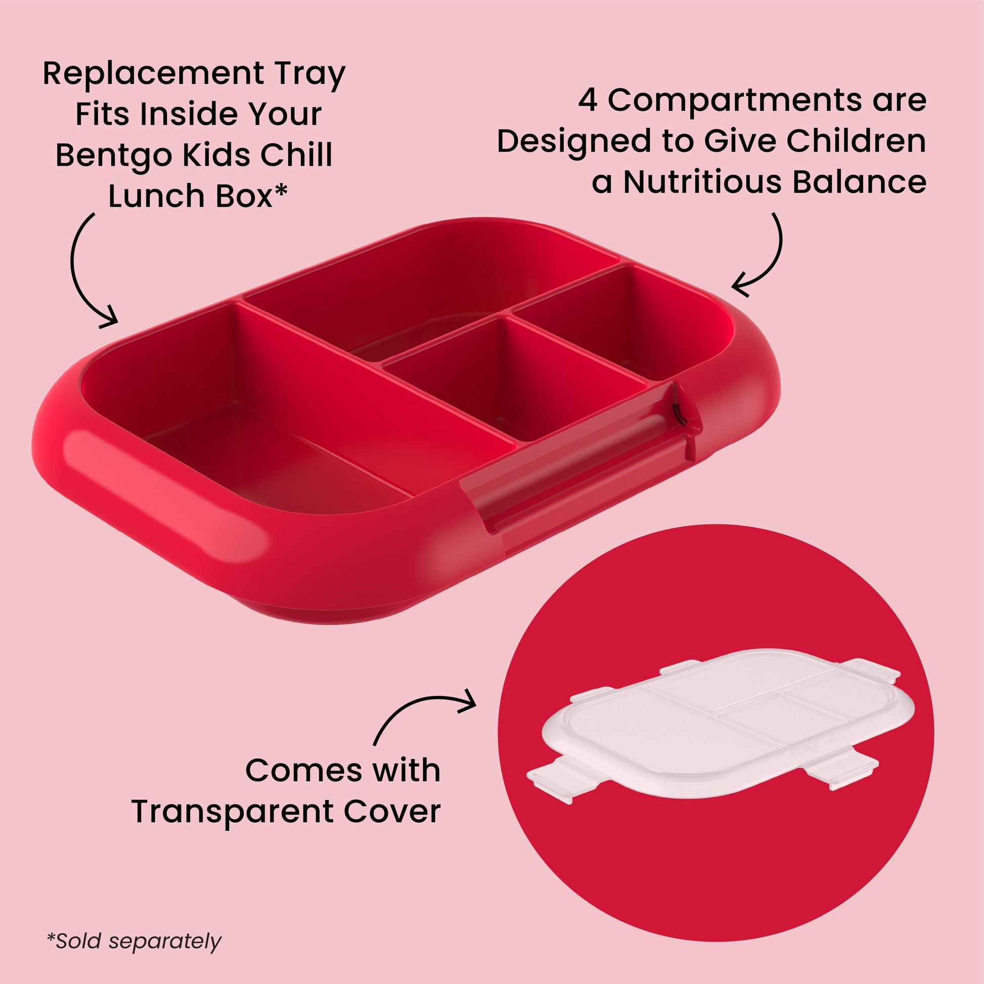 Bentgo® Chill Kids Tray with Transparent Cover - Red/Royal - Replacement Tray Fits Inside Your Bentgo Kids Chill Lunch Box, 4 Compartments Are Designed To Give Children A Nutritious Balance, And Comes With Transparent Cover