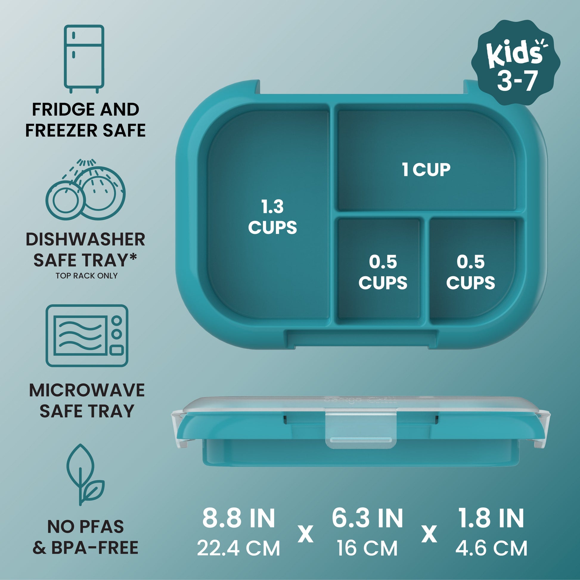 Bentgo® Chill Kids Tray with Transparent Cover - Truly Teal Speckle - Fridge And Freezer, Dishwasher Safe Tray, Microwave Safe Tray, And No PFAs & BPA-Free - Product Dimensions