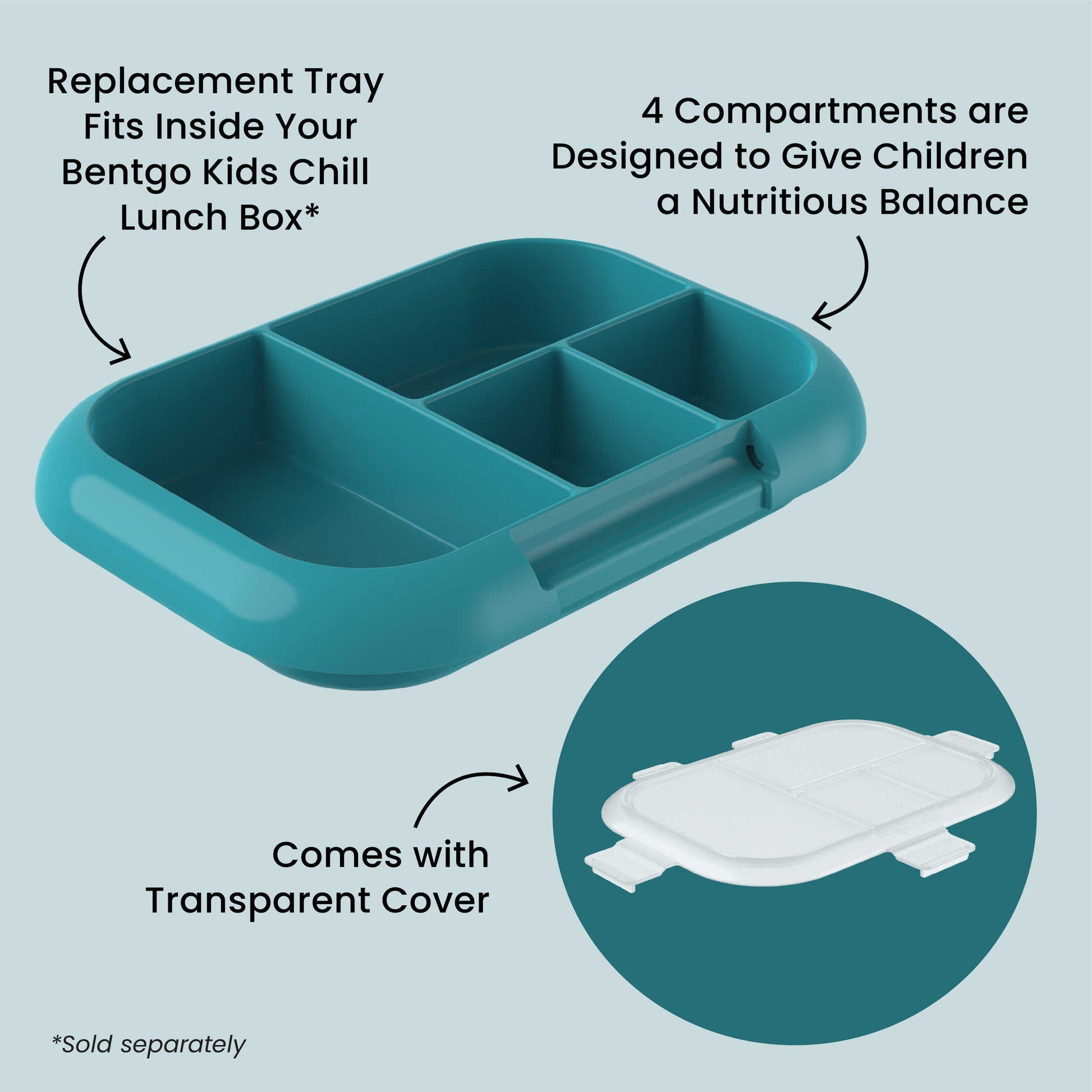 Bentgo® Chill Kids Tray with Transparent Cover - Truly Teal Speckle - Replacement Tray Fits Inside Your Bentgo Kids Chill Lunch Box, 4 Compartments Are Designed To Give Children A Nutritious Balance, And Comes With Transparent Cover