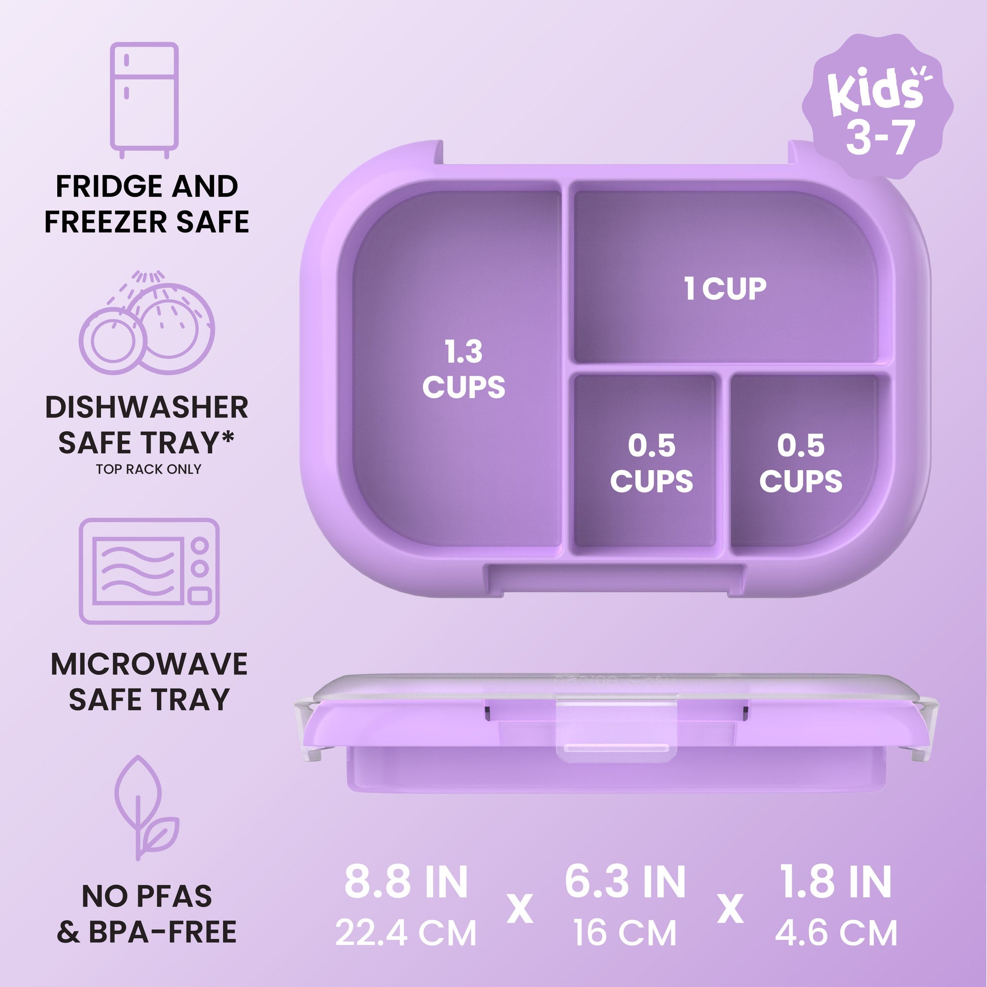 Bentgo® Chill Kids Tray with Transparent Cover - Vivid Orchid Speckle - Fridge And Freezer, Dishwasher Safe Tray, Microwave Safe Tray, And No PFAs & BPA-Free - Product Dimensions