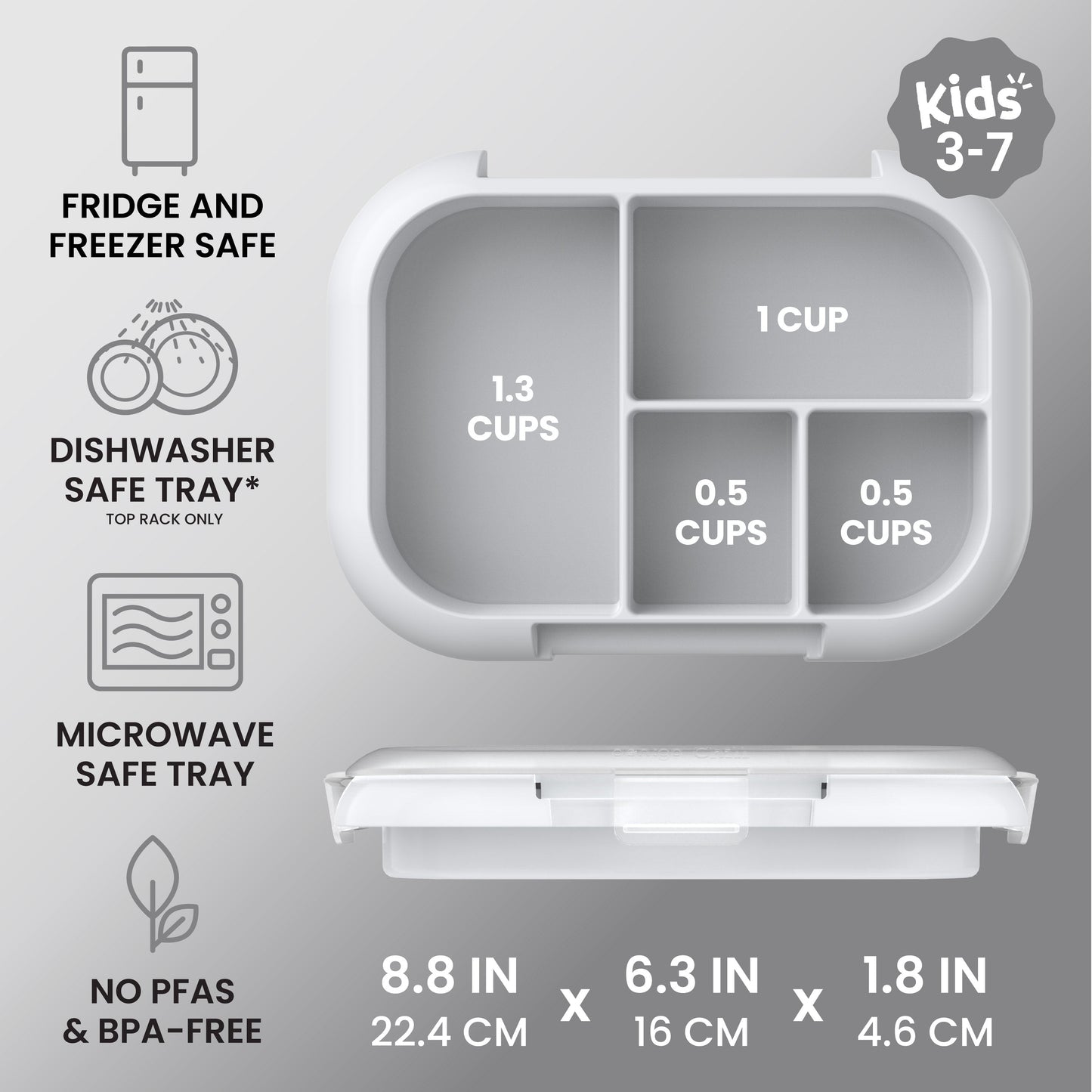 Bentgo® Chill Kids Tray with Transparent Cover - Gray - Fridge And Freezer, Dishwasher Safe Tray, Microwave Safe Tray, And No PFAs & BPA-Free - Product Dimensions