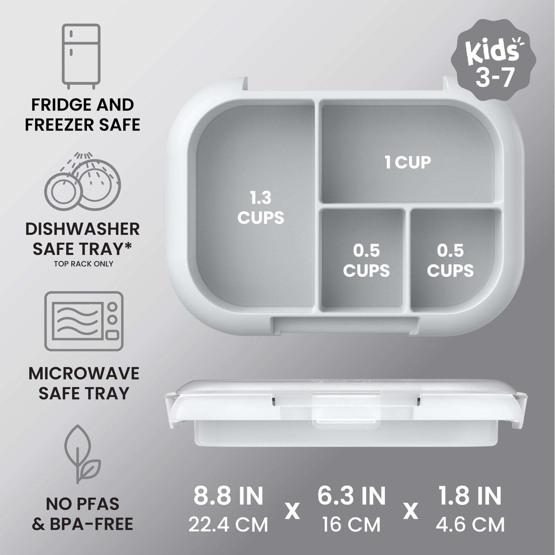 Bentgo® Chill Kids Tray with Transparent Cover - Gray - Fridge And Freezer, Dishwasher Safe Tray, Microwave Safe Tray, And No PFAs & BPA-Free - Product Dimensions