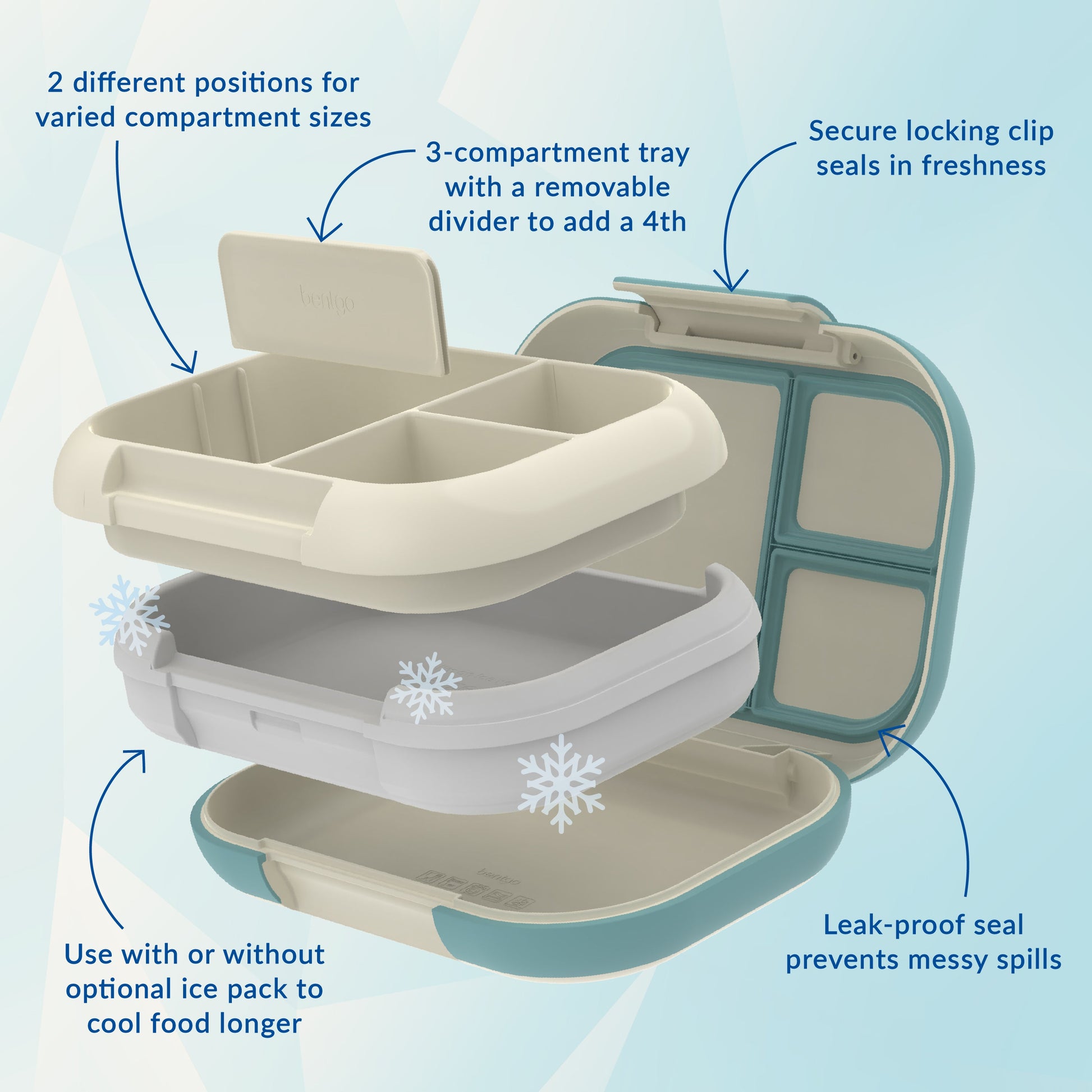 Bentgo® Chill Max Lunch Box (2-Pack) - Bone and Glacier Blue | 2 Different Positions For Varied Compartment Sizes, 3-Compartment Tray With A Removable Divider To Add A 4th, Leak-Proof Seal Prevents Messy Spills, And Use With Or Without Optional Ice Pack To Cool Food Longer, and Secure Locking Clip Seals In Freshness