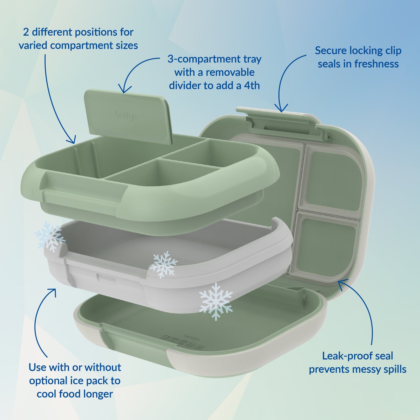 Bentgo® Chill Max Lunch Box (2-Pack) - Clay Green and Gray | 2 Different Positions For Varied Compartment Sizes, 3-Compartment Tray With A Removable Divider To Add A 4th, Leak-Proof Seal Prevents Messy Spills, And Use With Or Without Optional Ice Pack To Cool Food Longer, and Secure Locking Clip Seals In Freshness