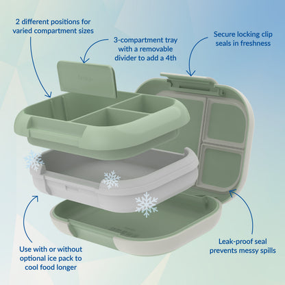 Bentgo® Chill Max Lunch Box (2-Pack) - Clay Green and Gray | 2 Different Positions For Varied Compartment Sizes, 3-Compartment Tray With A Removable Divider To Add A 4th, Leak-Proof Seal Prevents Messy Spills, And Use With Or Without Optional Ice Pack To Cool Food Longer, and Secure Locking Clip Seals In Freshness