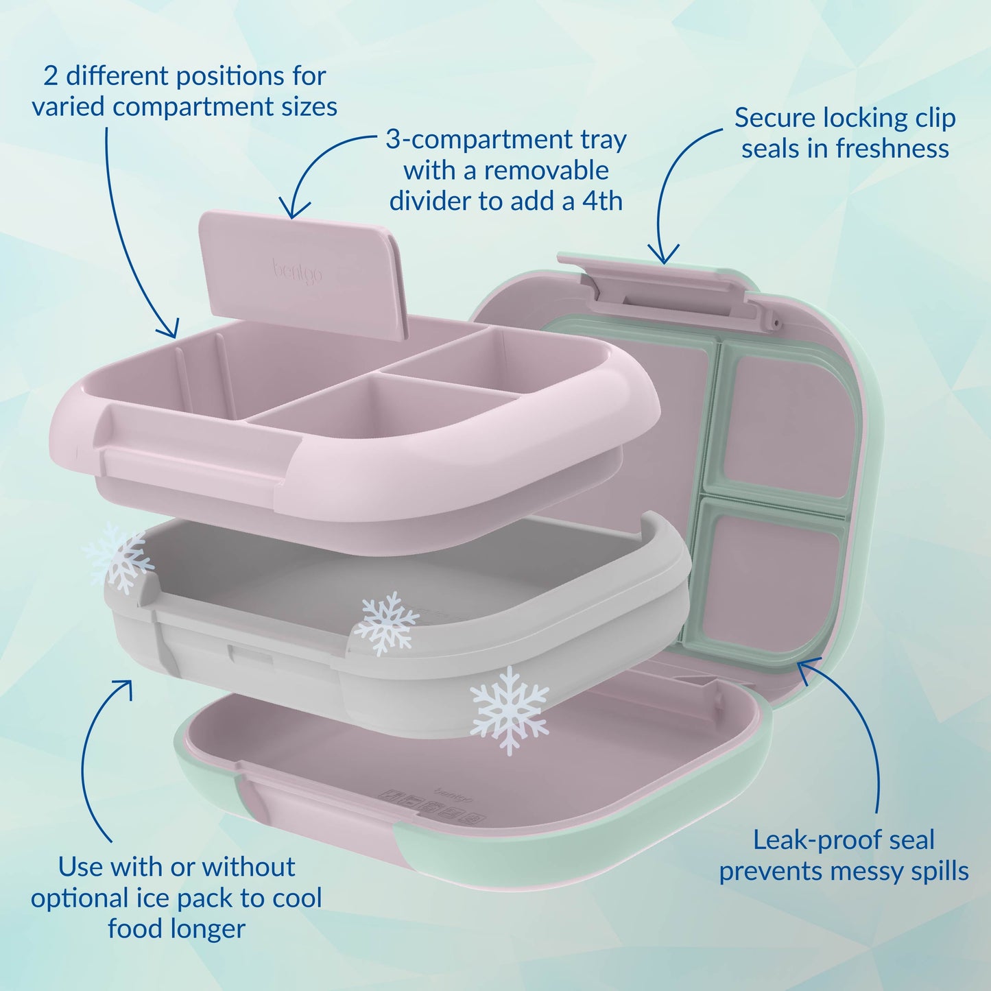 Bentgo® Chill Max Lunch Box (2-Pack) - Lavender/Peach Blossom & Rose/Mint | Secure Locking Clip, 3-Compartment Tray With A Removable Divider To Add A 4th, Use With Or Without Optional Ice Pack To Cool Food Longer, Leak-Proof Seal Prevents Messy Spills, And 2 Different Positions For Varied Compartment Sizes