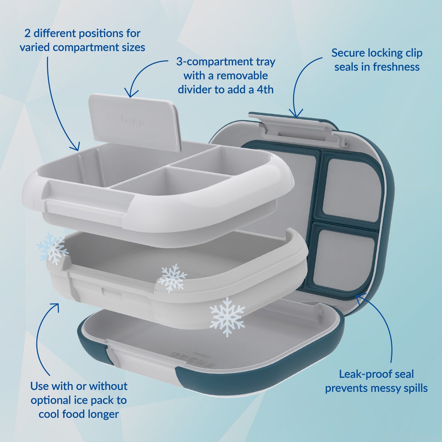 Bentgo® Chill Max Lunch Box (2-Pack) - Fog and Deep Teal | 2 Different Positions For Varied Compartment Sizes, 3-Compartment Tray With A Removable Divider To Add A 4th, Leak-Proof Seal Prevents Messy Spills, And Use With Or Without Optional Ice Pack To Cool Food Longer, and Secure Locking Clip Seals In Freshness