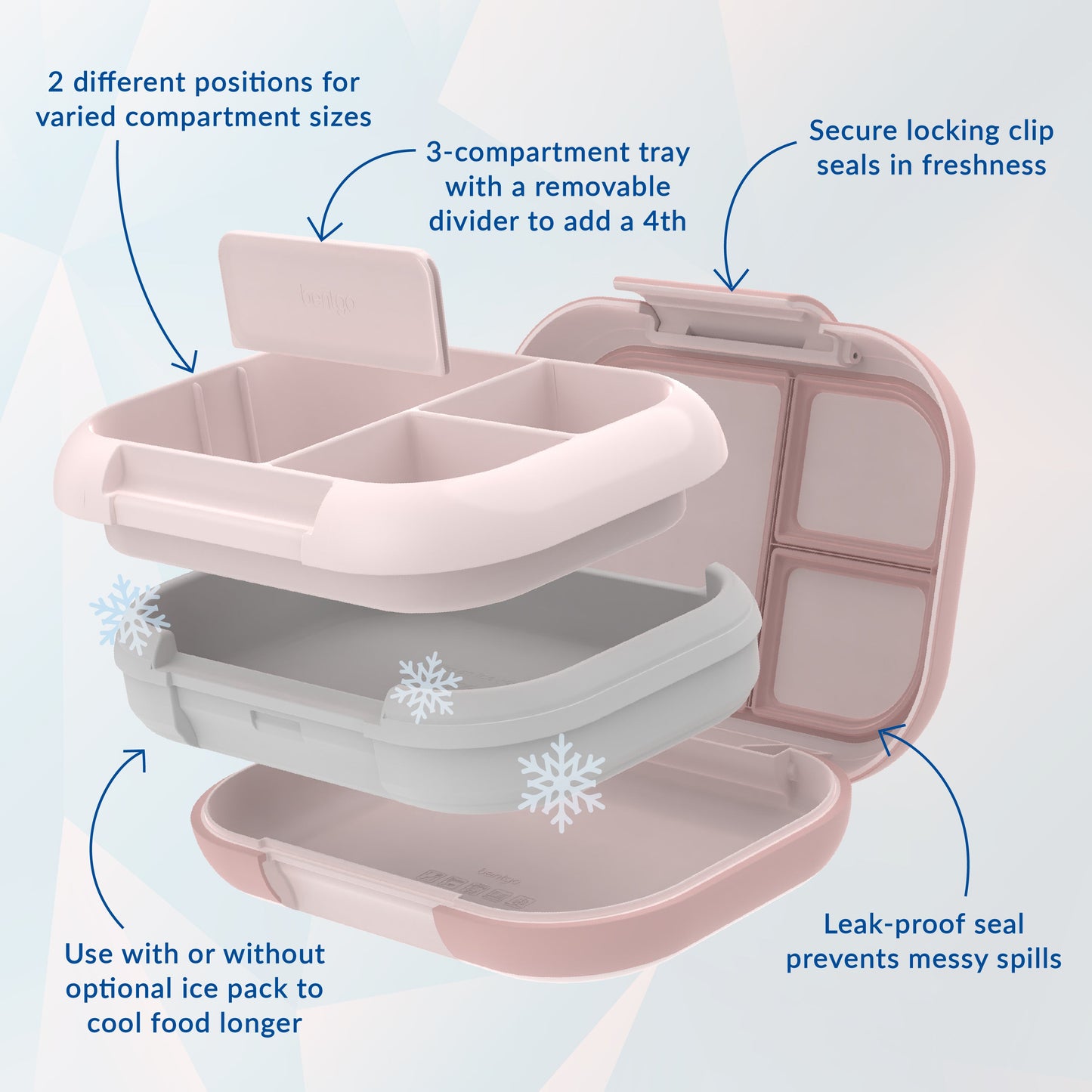Bentgo® Chill Max Lunch Box (2-Pack) - Pink Cloud and Blush | 2 Different Positions For Varied Compartment Sizes, 3-Compartment Tray With A Removable Divider To Add A 4th, Leak-Proof Seal Prevents Messy Spills, And Use With Or Without Optional Ice Pack To Cool Food Longer, and Secure Locking Clip Seals In Freshness