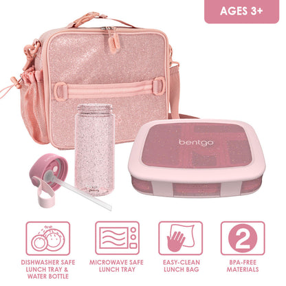Bentgo® Kids Glitter Lunch Set - Petal Pink Glitter | Dishwasher Safe Lunch Tray & Water Bottle, Microwave Safe Lunch Tray, Easy-Clean Lunch Bag, And Made With BPA-Free Materials