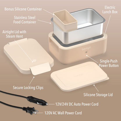 Bentgo® Heat Electric Lunch Box - Latte | Includes Electric Lunch Box, Secure Locking Clips, Single-Push Power Button, Bonus Silicone Container, Stainless Steel Food Container, Silicone Storage Lid, 12V/24V DC Auto Power Cord, 120V AC Wall Power Cord, And Airtight Lid with Steam Vent