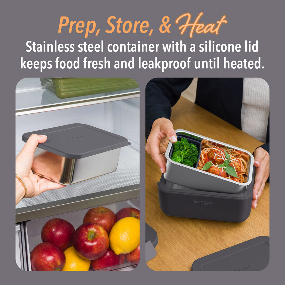 Bentgo® Heat Electric Lunch Box - Obsidian | Prep, Store & Heat - Stainless Steel Container With A Silicone Lid Keeps Food Fresh And Leakproof Until Heated
