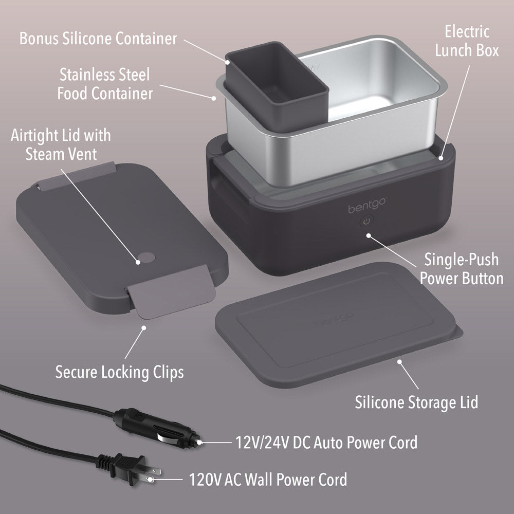 Bentgo® Heat Electric Lunch Box - Obsidian | Includes Electric Lunch Box, Secure Locking Clips, Single-Push Power Button, Bonus Silicone Container, Stainless Steel Food Container, Silicone Storage Lid, 12V/24V DC Auto Power Cord, 120V AC Wall Power Cord, And Airtight Lid with Steam Vent