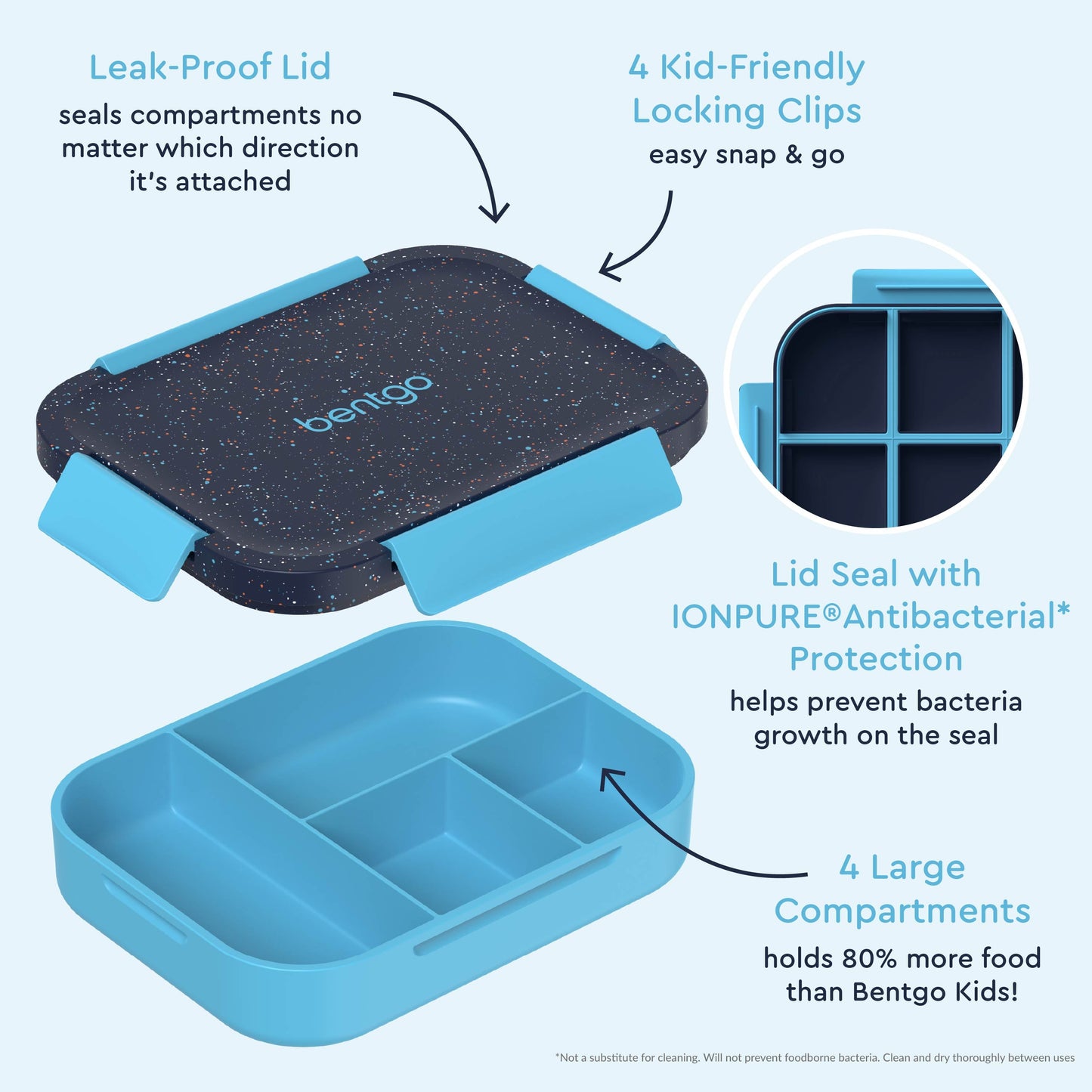 Bentgo® Kids Snap & Go Lunch Box (2-Pack) | Abyss Blue Speckle Confetti - Our Lunch Box Features A Leak-Proof Lid, Kid-Friendly Locking Clips, Lid Seal with IONPURE Antibacterial Protection, and 4 Large Compartments