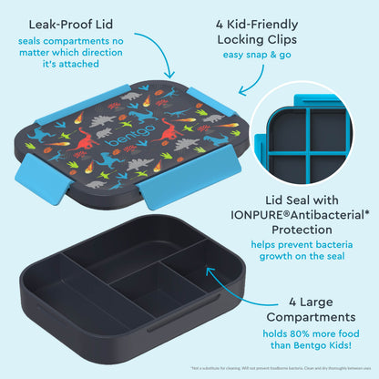 Bentgo® Kids Snap & Go Lunch Box (2-Pack) | Dinosaur - Our Lunch Box Features A Leak-Proof Lid, Kid-Friendly Locking Clips, Lid Seal with IONPURE Antibacterial Protection, and 4 Large Compartments