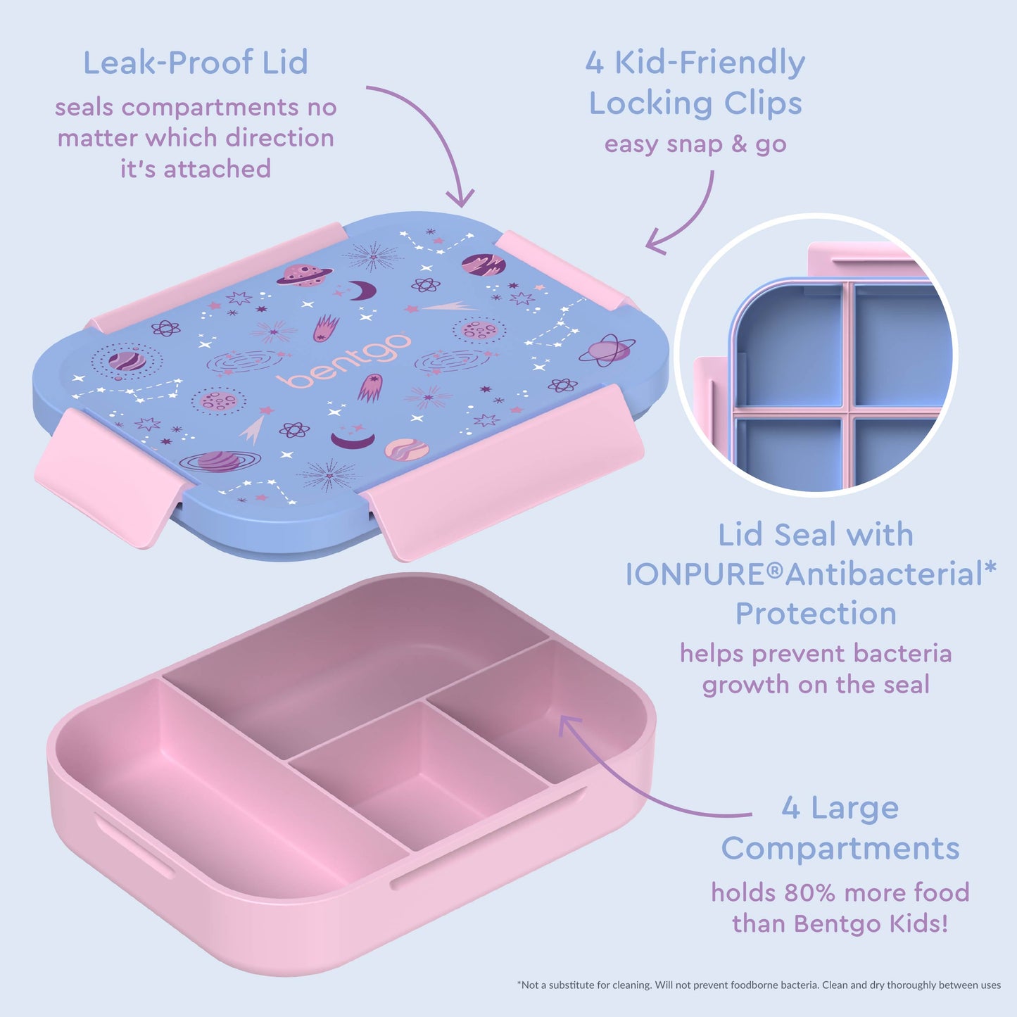 Bentgo® Kids Snap & Go Lunch Box (2-Pack) | Lavender Galaxy - Our Lunch Box Features A Leak-Proof Lid, Kid-Friendly Locking Clips, Lid Seal with IONPURE Antibacterial Protection, and 4 Large Compartments