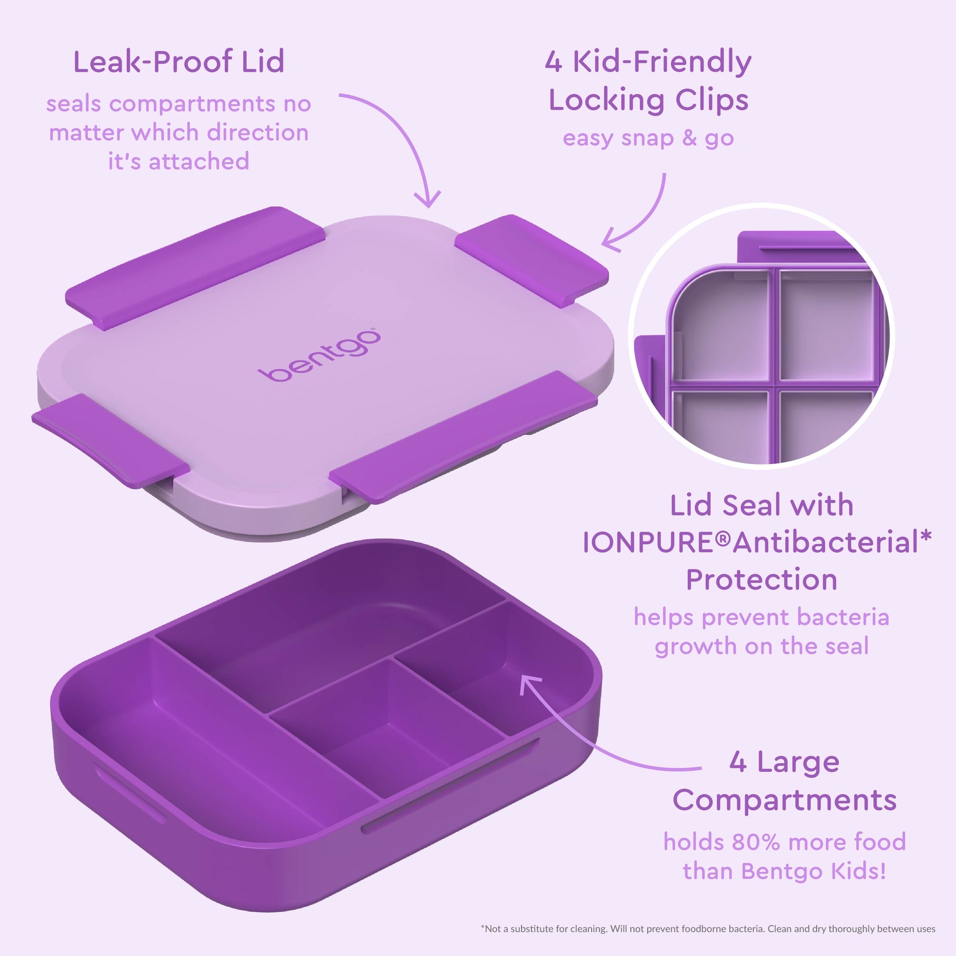 Bentgo® Kids Snap & Go Lunch Box (2-Pack) | Purple - Our Lunch Box Features A Leak-Proof Lid, Kid-Friendly Locking Clips, Lid Seal with IONPURE Antibacterial Protection, and 4 Large Compartments