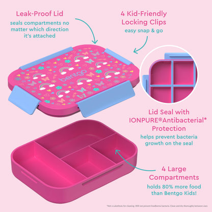 Bentgo® Kids Snap & Go Lunch Box (2-Pack) | Rainbows and Butterflies - Our Lunch Box Features A Leak-Proof Lid, Kid-Friendly Locking Clips, Lid Seal with IONPURE Antibacterial Protection, and 4 Large Compartments