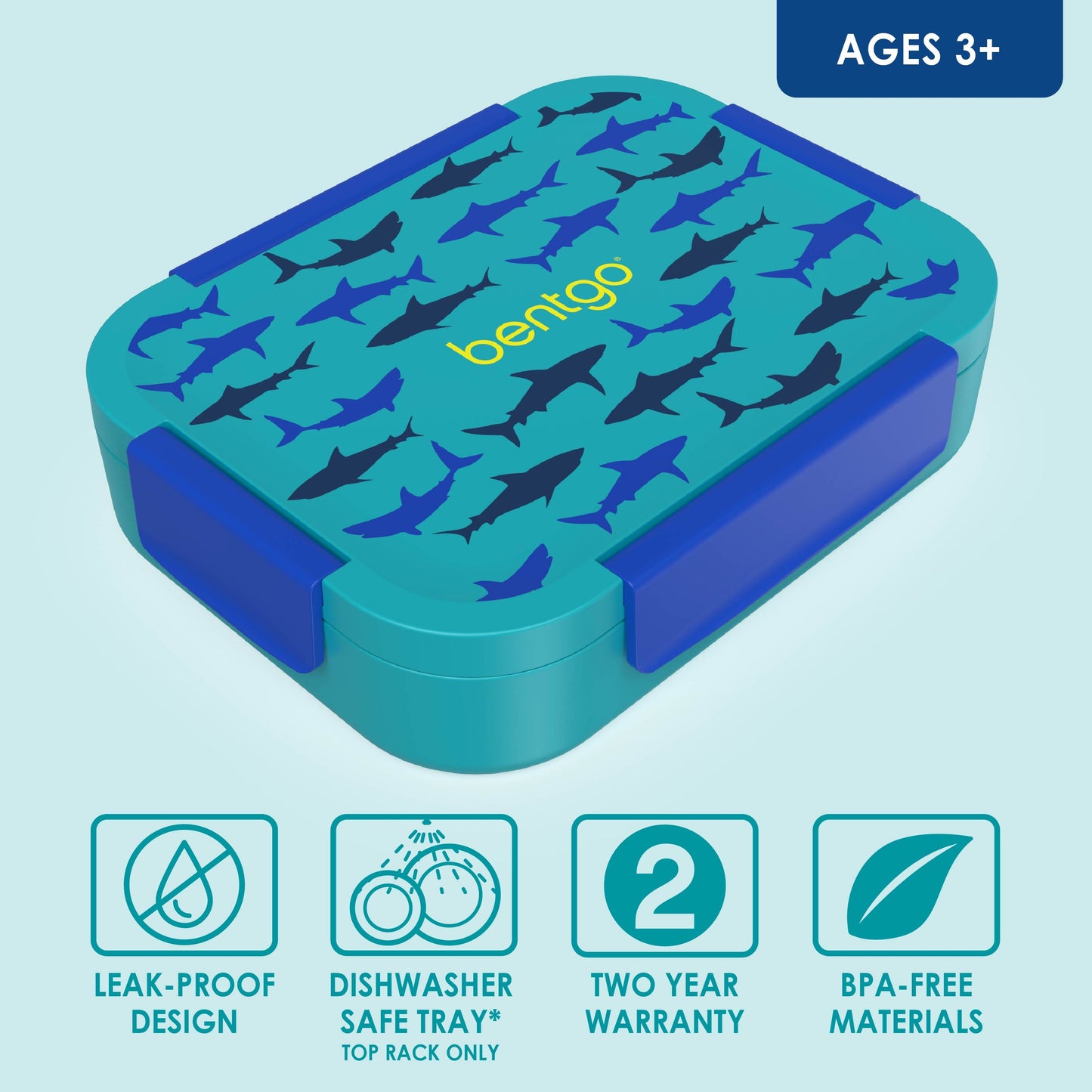 Bentgo® Kids Snap & Go Lunch Box (2-Pack) | Sharks - Leak-Proof Design, Dishwasher Safe, Two Year Warranty, and BPA-Free Materials