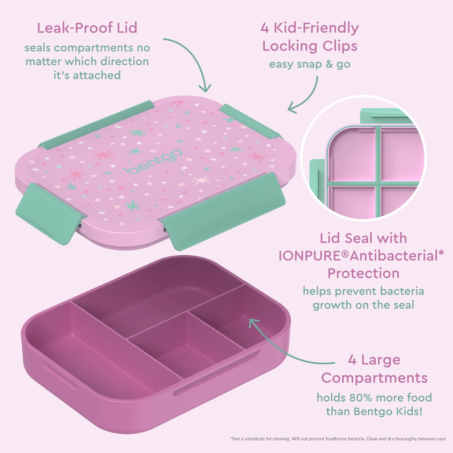 Bentgo® Kids Snap & Go Lunch Box (2-Pack) | Starry Sprinkle Pink - Our Lunch Box Features A Leak-Proof Lid, Kid-Friendly Locking Clips, Lid Seal with IONPURE Antibacterial Protection, and 4 Large Compartments