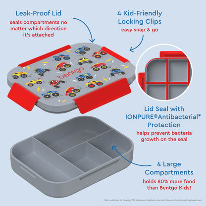 Bentgo® Kids Snap & Go Lunch Box (2-Pack) | Trucks - Our Lunch Box Features A Leak-Proof Lid, Kid-Friendly Locking Clips, Lid Seal with IONPURE Antibacterial Protection, and 4 Large Compartments